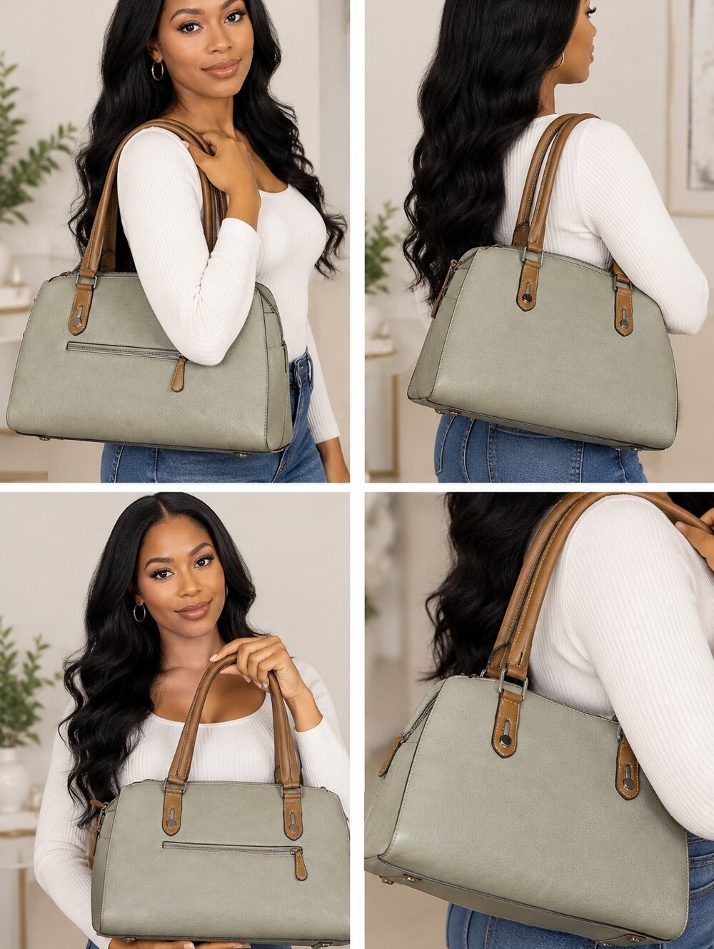 Simply Noelle Vegan Beige Satchel Bag with Tan Handles NO CALL OUTS